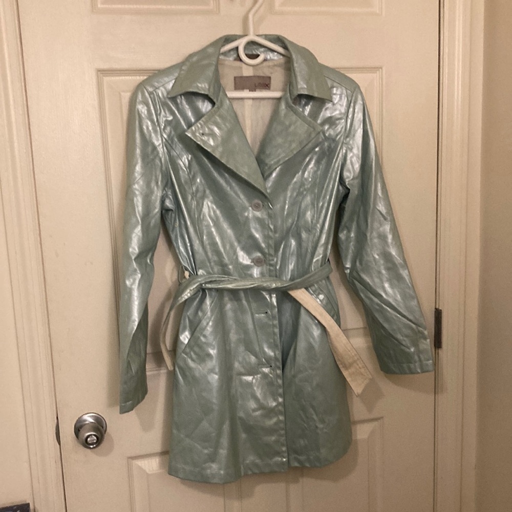 UTEX light blue coat XS good/fair condition pockets and belt. Shiny metallic